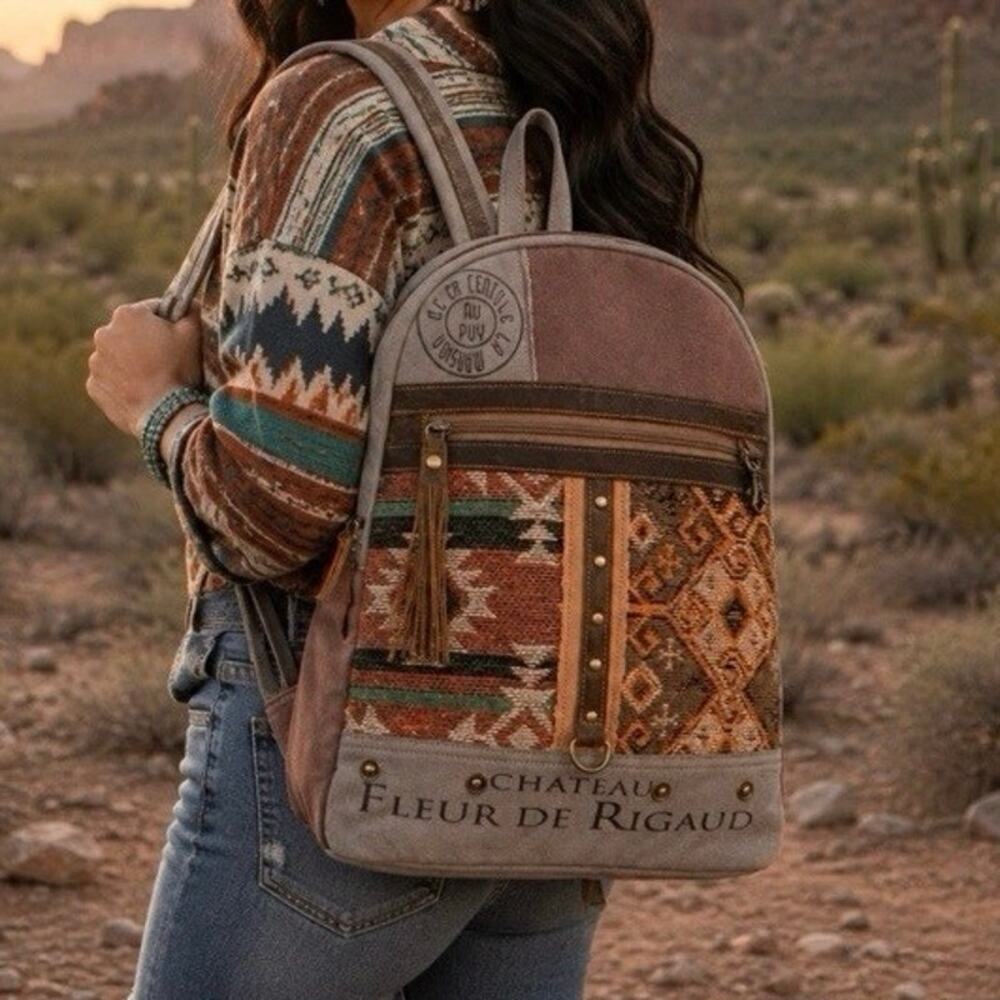 Myra bag Backpack Medium Canvas Leather trim Boho Western woven rug